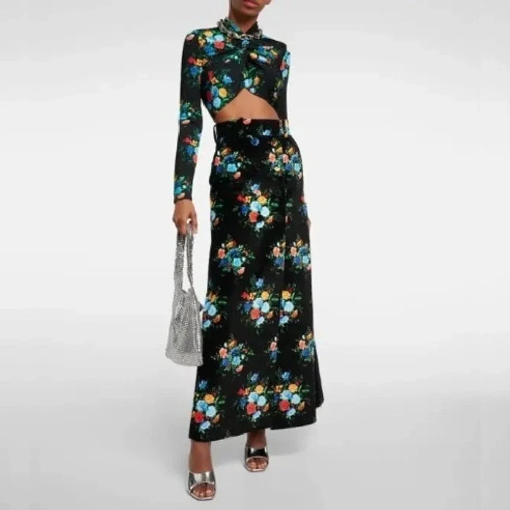 Paco‎ Rabanne Jupe Floral Cotton Blend Maxi Skirt Velvet Black Size 38 / 6 US